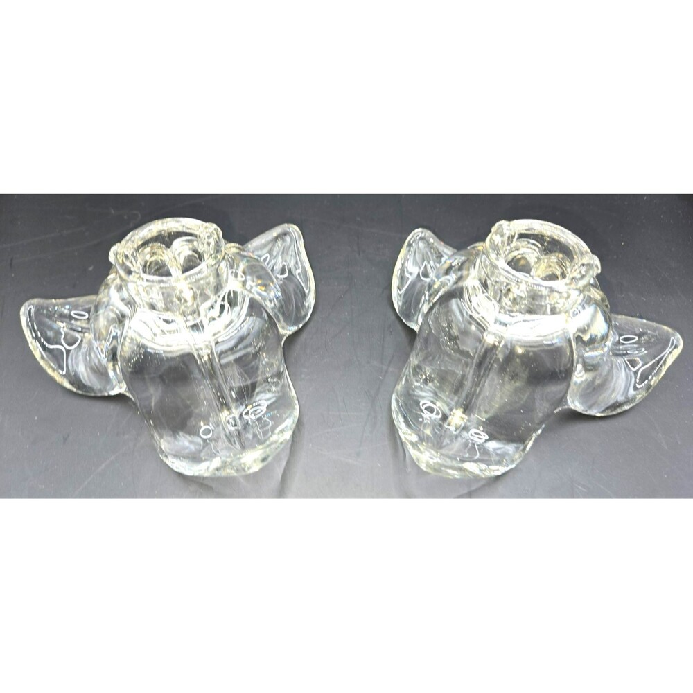 Pair of Vintage Mid-Century Clear Glass Tri-Petal Candlestick Holders (2.25" H x